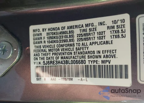 2011 Honda Cr-V Se from USA, damaged, VIN 5J6RE3H43BL006680